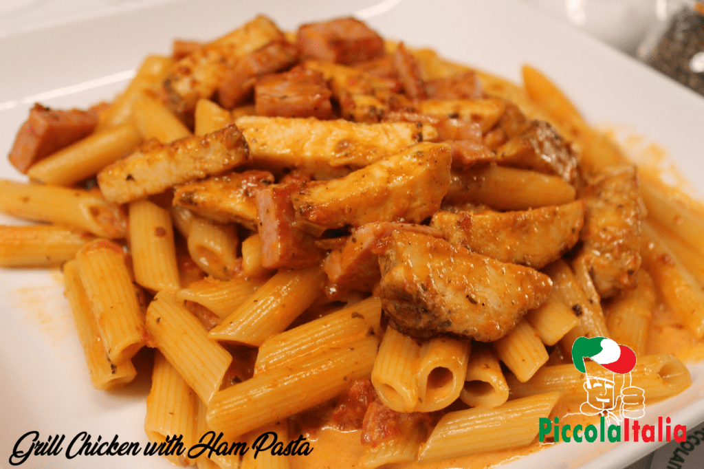 grill chicken with ham pasta poster